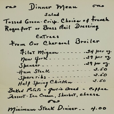 1959 The Brass Rail Steak House Redway California Menu Postcard 