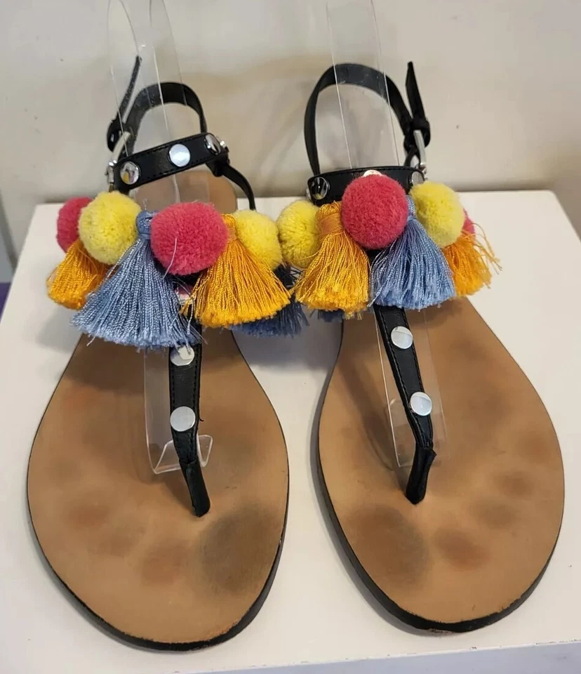 Rebecca Minkoff "Estelle" Black Leather w/PomPom Tassels Thong Sandals Sz 9 $295 - Image 2 of 4