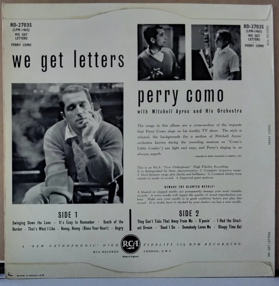 Perry Como - WE GET LETTERS 1957 RCA RD-27035 UK 1ST PRESSING LP - Image 2 of 3