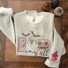 Handmade Sweatshirt Spooky Boo Y'All Women's Fall Halloween Size Medium Gray