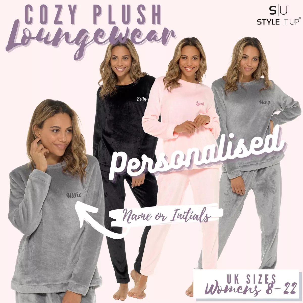 Personalised Womens Ribbed Jersey Loungewear Set Mulberry, 52% OFF