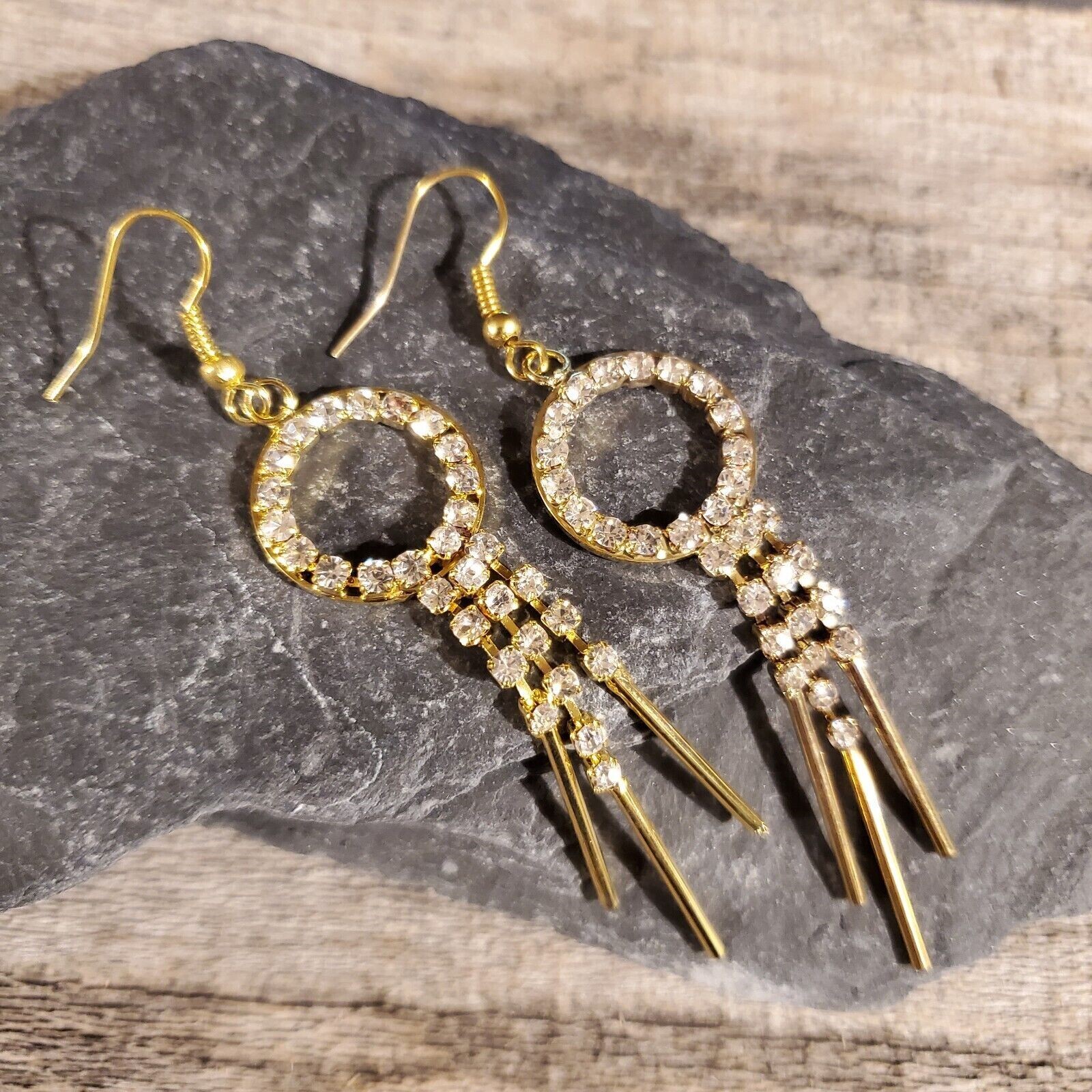Gold 14K Plated Rhinestone Circle and Drops 59mm Long Dangle Earrings