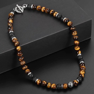 Men's 8mm Natural Tiger Eye Lava Bead Necklace Stainless Steel Toggle 20''/24'' 