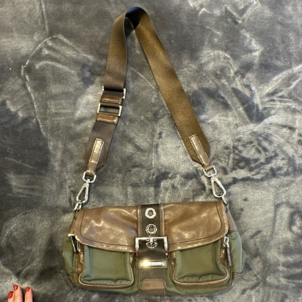 PRADA Green Brown Shoulder Bag Buckle Accent Zip Adjustable Strap