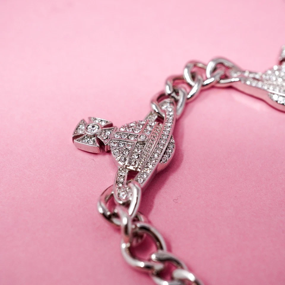 Vivienne Westwood Bracelet Silver Tone Triple Orb Crystal Charm Cuban Link & Box - Image 3 of 4