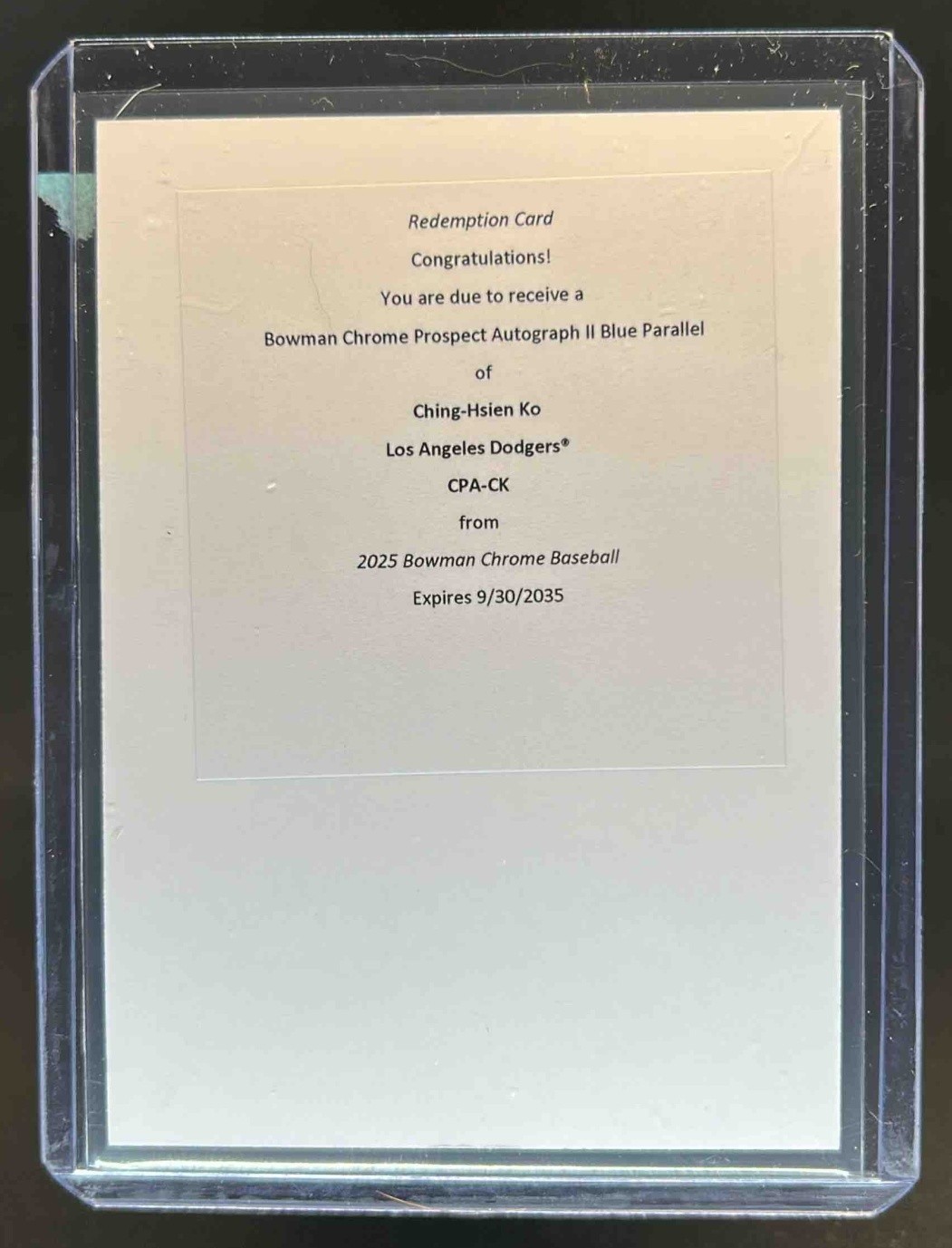 2025 Bowman Chrome Ching-Hsien Ko Auto Blue Refractor 1st Prospect #/150 Dodgers