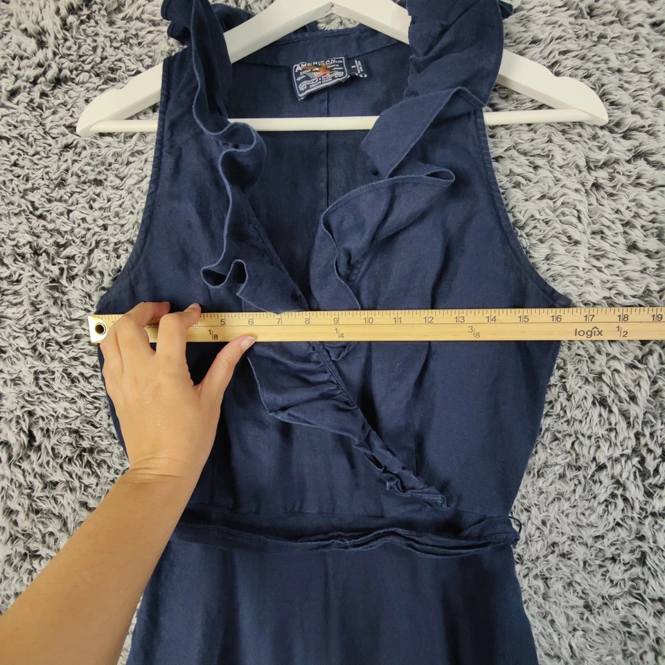 Vestido midi de lino American Living con volantes calce y acampanado azul marino para mujer 6 Foto 3 de 4