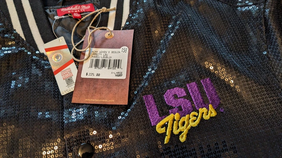 Chaqueta de bombardero Mitchell & Ness College Vault LSU Tigers XL lentejuelas para mujer nueva con etiquetas Foto 4 de 4