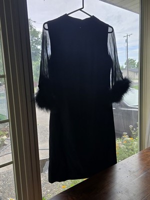 Vintage Style Black Feather Cuff Mini Dress Sheer Sleeves Goth Glam