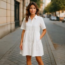 GAP Tiered Shirtdress White 100% Cotton Button Front Dress Size Small
