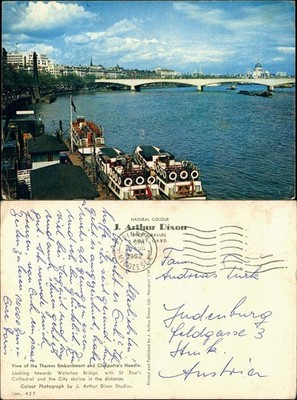 Postcard London Thames Bridge Bridge, Embankment Cleopatra Needle 1962