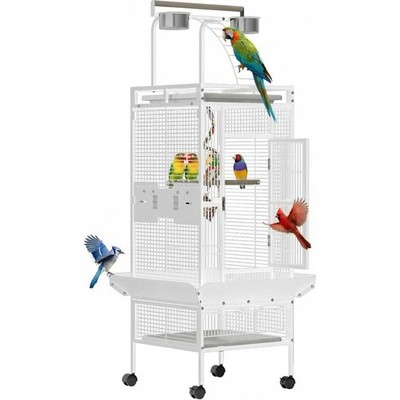 60'' Wrought Iron Bird Cage with Rolling Stand, Playtop, Bowls, Slide-Out Tray