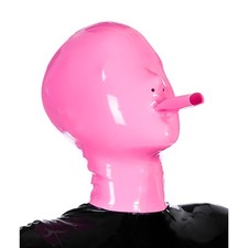 Pink Latex Hood with Mouth Tube Open Nostril Rubber Mask for Fetish Clubwear