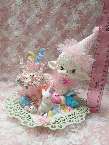 ๐๐ Carino! Vintage Dolce Primavera Pasqua Agnello Coniglietti Pulcini Pastello Assemblaggio - Foto 14 di 15