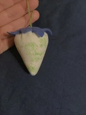 Strawberry Emery ~ Pincushion ~ Green & Blue On White Toile Fabric Child Lamb 3”