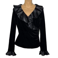 Velvet Top Y2K Black Dark Fairy Size S  Long-Sleeve Satin Ruffle Rhinestones