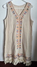 Shein Women's V Cay  Embroidered Boho Tan Dress Size L 8/10