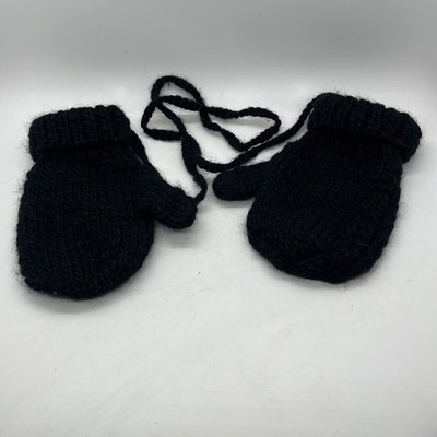 Talbots Kids Large Mittens With String 100% Wool Knit Black