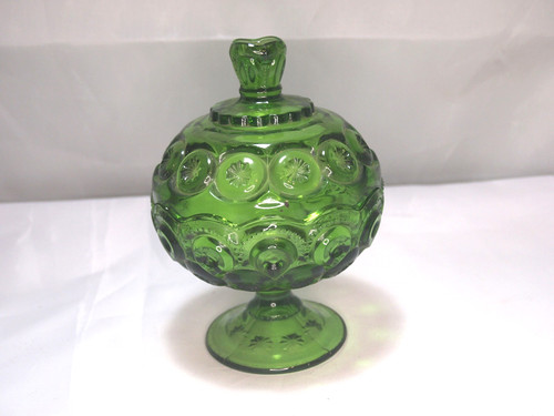 Vintage  Green Glass LE Smith Moon And Stars Lidded Candy / Compote