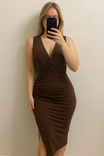 SHEIN Chocolate Brown Wrap V-Neck Sleeveless Bodycon Midi Dress | Size Small UK