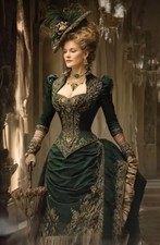 Century Green Evening Dress Hunter Green Victorian Ball Gowns Embroidered Corset