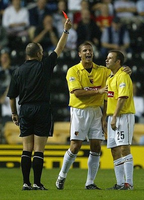 Paul Devlin of Watford is shown the red card at the Nationwide Fir- Old Photo
