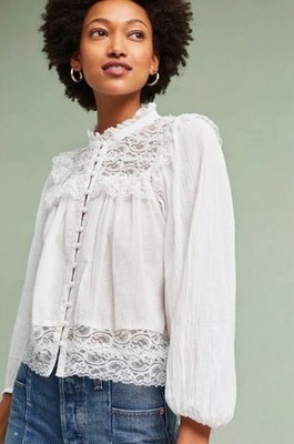 Anthropologie Akemi & Kim Callie Lace Blouse White Button up front Size 4 / S