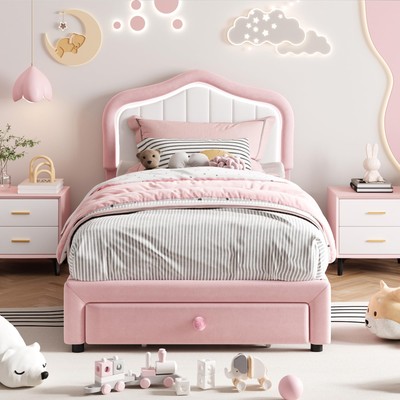 Twin Size Bed Frame Velvet Upholstered Headboard Platform Bed Frame with Drawer