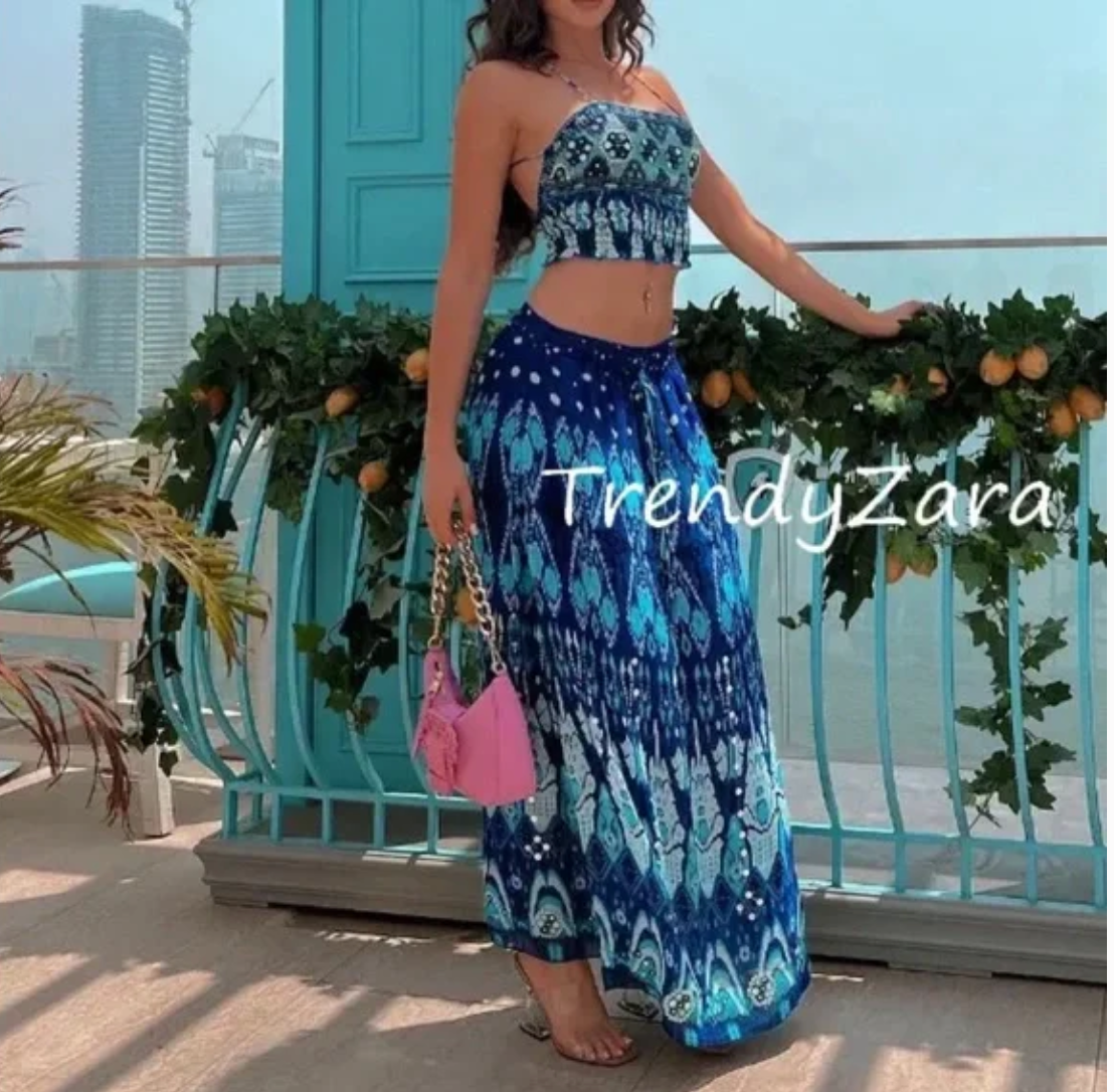 ZARA $89 BLUE PRINTED DRAWSTRING MIDI SKIRT SEQUIN 6895/075 ZARA $89 BLUE PRINTED DRAWSTRING MIDI SKIRT SEQUIN 6895/075