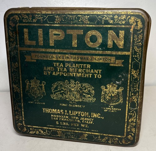 Early Lipton 5 lb Tea Tin, Plantation Scenes, Gold Band - Picture 10 of 17