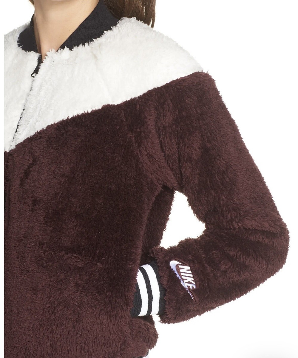 Women’s Nike NSW Wolf Sherpa Bomber Jacket Fleece Burgundy Size XS