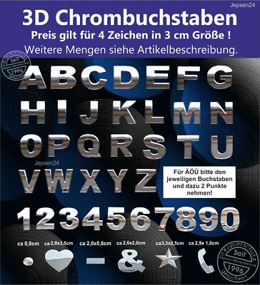 4 Stück in 3D Chrombuchstaben zum aufkleben 3cm  z.B. S M E G oder 6.2L