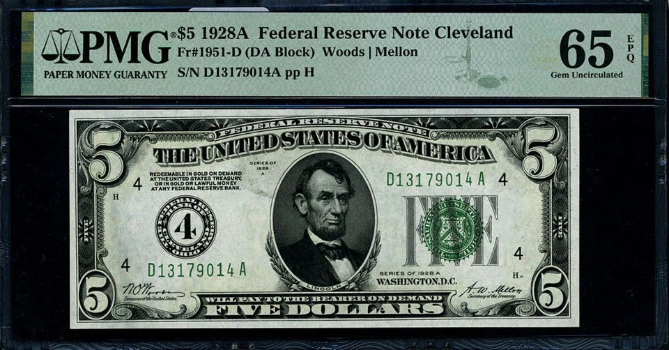 FR. 1951 D $5 1928-A Federal Reserve Note Cleveland D-A Block Gem PMG CU65 EPQ - Image 2 of 3