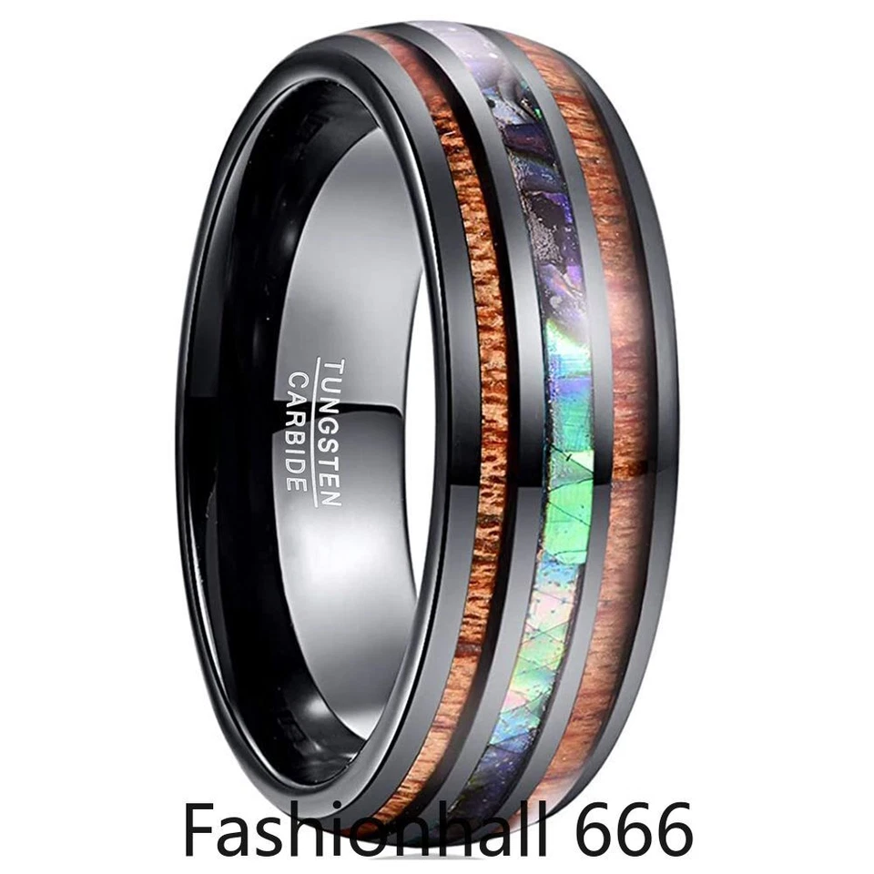 Anillo de boda con cúpula de madera de tungsteno con carcasa de abulón de 8 mm para hombre ajuste cómodo Foto 3 de 4