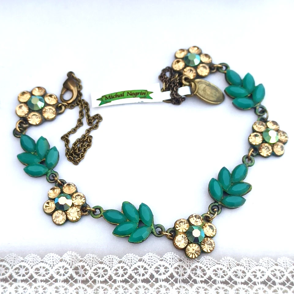 Collar Michal Negrin Beige Flores Hojas Verdes Con Cristales Swarovski Regalo Foto 4 de 4
