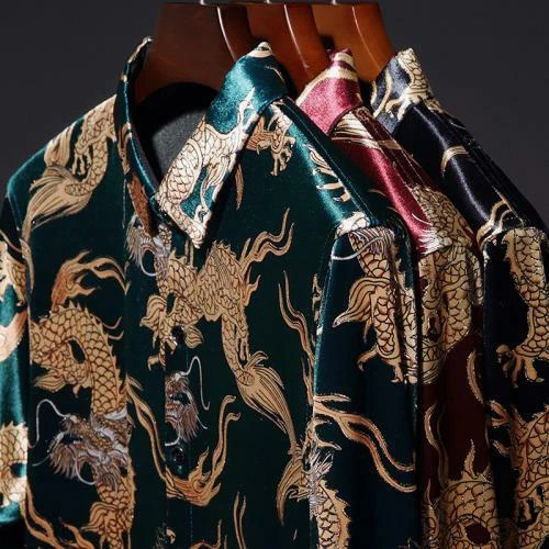 Мужские бархатный дракон печати длинным рукавом платье рубашки бизнес воротник топы новый - Изображение 3 из 4