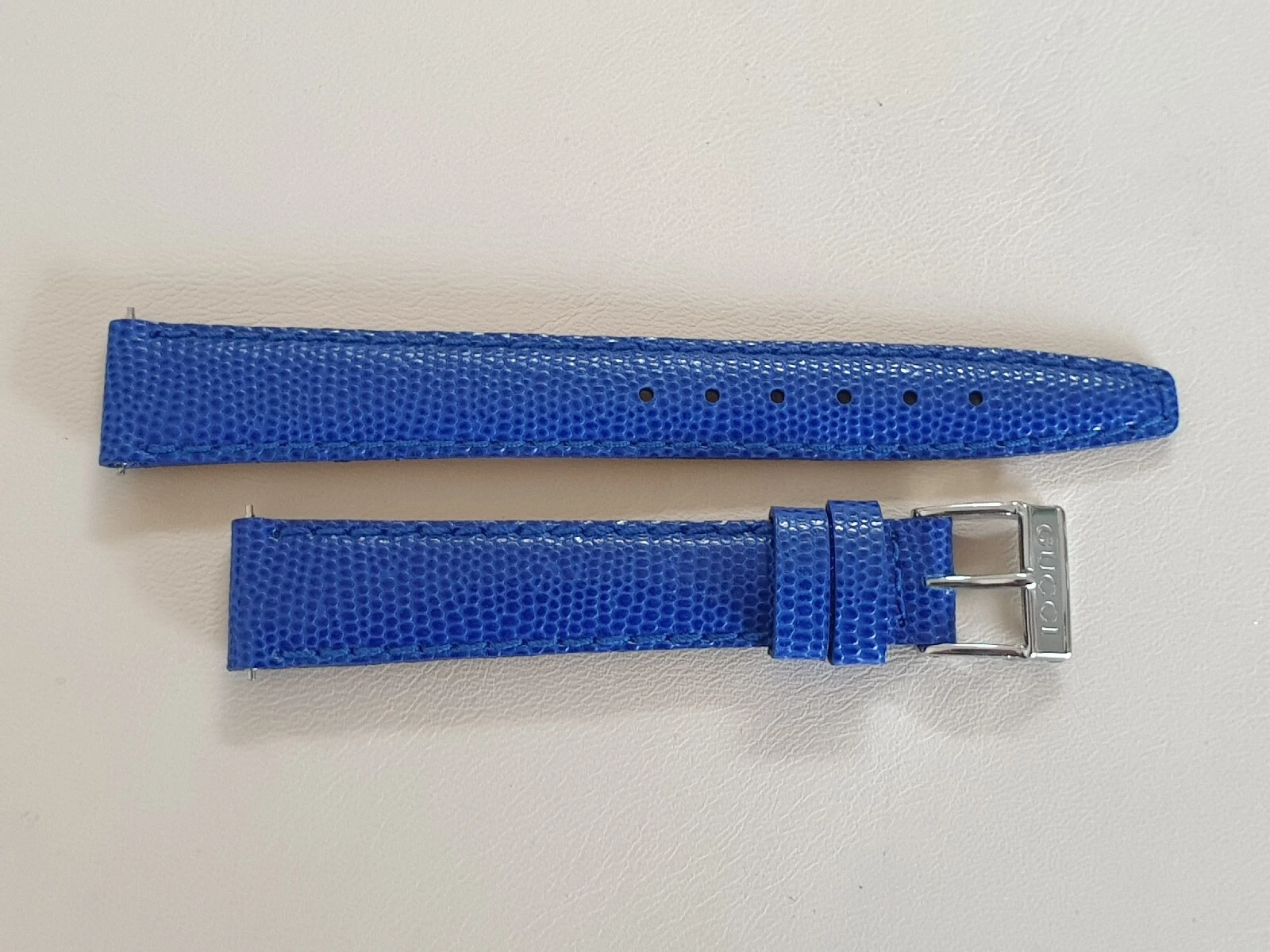 Bracelet femme Gucci cuir lézard bleu 14 mm neuf + boucle acier inoxydable
