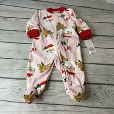 Carter's Pajamas Baby 3M Fleece Pink Christmas Santa Reindeer Double Zip Footed