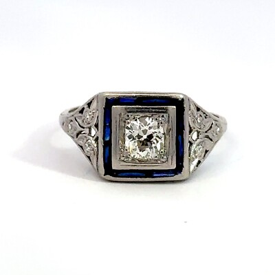 Vintage Platinum Diamond & Special Cut Blue Sapphire Unisex Ring Size 8 - J235
