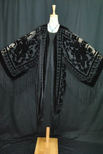 Art Classic Black Flower Burnout Velvet Fringe Kimono Opera Coat Duster Jacket