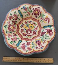 LARGE COLORFUL EMBOSSED RAISED FLOWER DESIGN SCALLOPED EDGE BOWL MARKED 1242
