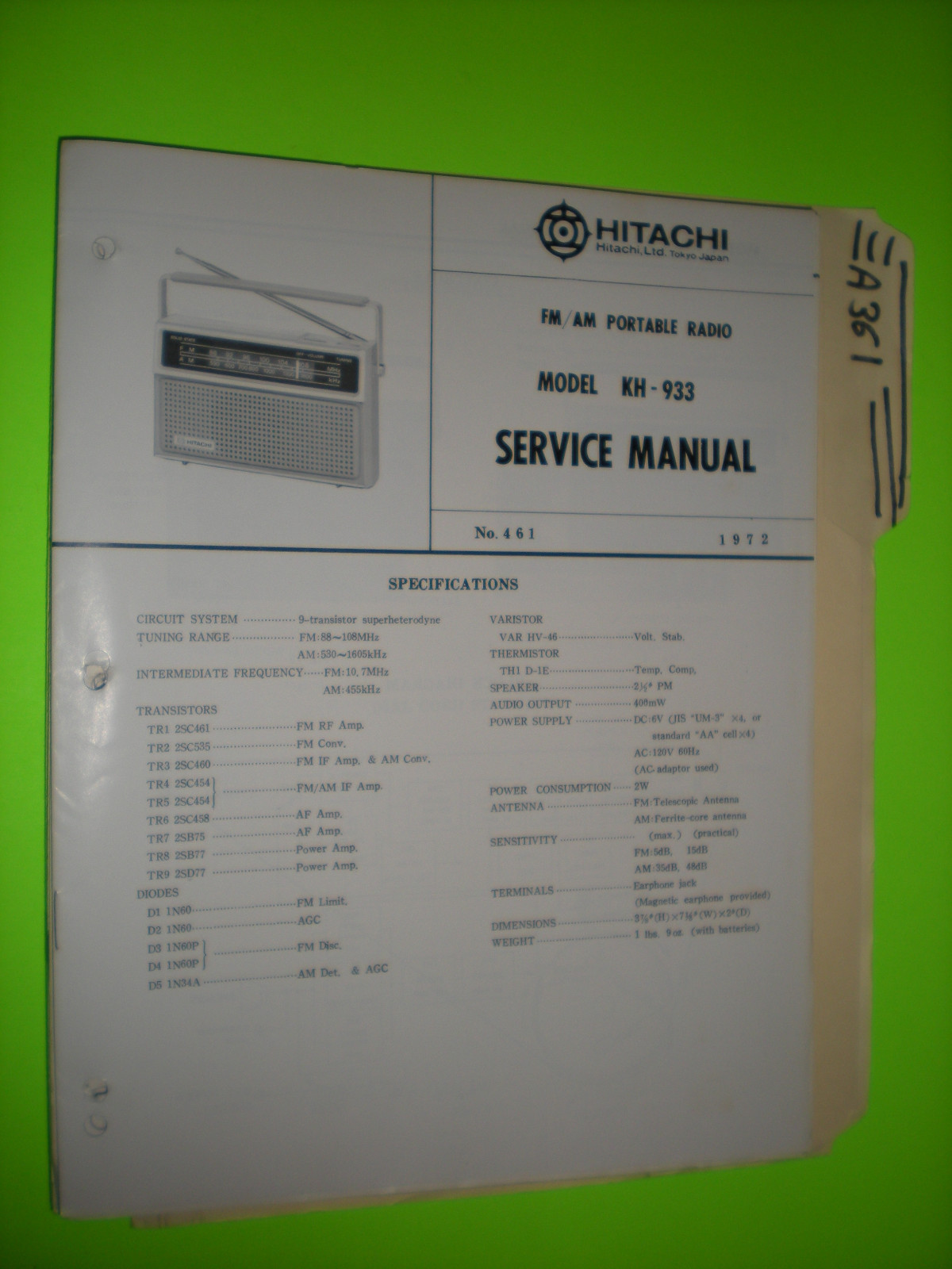 Hitachi kh-933 service manual original repair book am/fm radio 