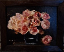 Original Ölgemälde Rose Bouquet Vase Stillleben Impressionismus  Holzrahmen 