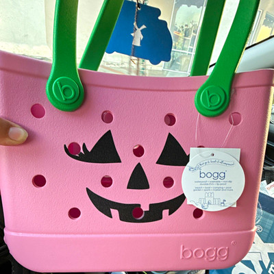 Bogg Pink Tote Bag Green Handles Halloween Pumpkin Face Waterproof