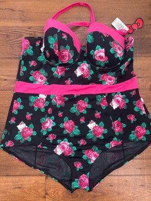 Hello Kitty TORRID Womens Swimsuit Plus 5 Black Rose Floral Pin Up Retro 1 Piece