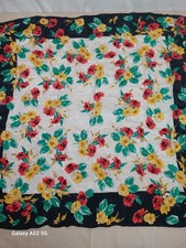 Vintage Floral Scarf Tropical Hibiscus Black Red Yellow Cottagecore Retro 80s