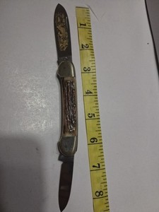 German Eye Elk Scene Canoe  Knife, Genuine Stag Handles X 23