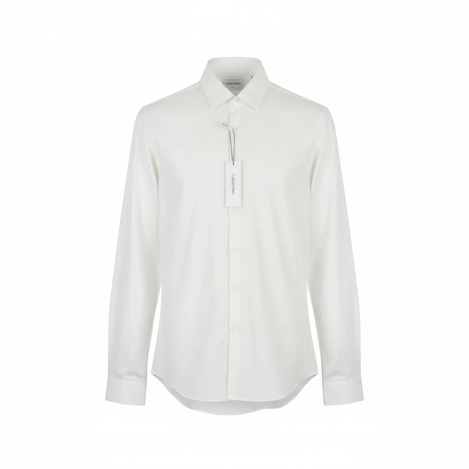 Calvin Klein Structure Solid Slim Homme Formel Chemise M Blanc Bouton Coton - Photo 1/4