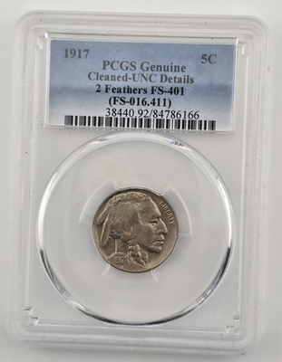 #ad Rare Variety 1917 2 Feathers Buffalo Nickel PCGS Uncirculated Details Fs 401 $795.00