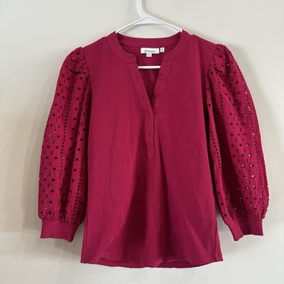Women s Chicos Raspberry Puff Sleeve Eyelet 3/4 Sleeve Cotton Blouse XS 00